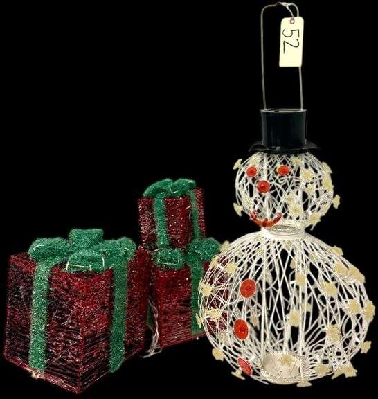 LIGHT UP SNOWMAN AND 3 PRE-LIT PRESENT DECORATIONS image