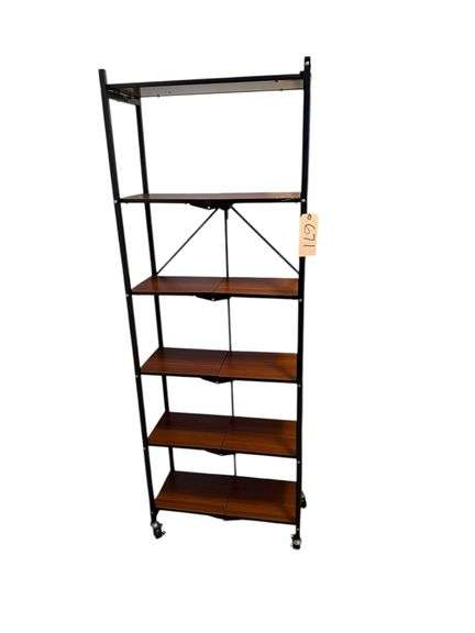 COLLAPSIBLE 6 SHELF UNIT ON CASTERS, METAL AND WOOD image
