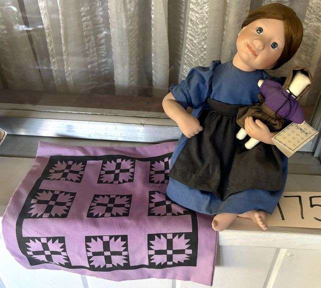 “REBECCAH” AMISH PORCELAIN GIRL DOLL BY JULIE GOOD-KRÜGER APPROX. 9.5” W/ SMALL CLOTH DOLL AND PURPLE CLOTH IN THE STYLE OF AMISH QUILT image