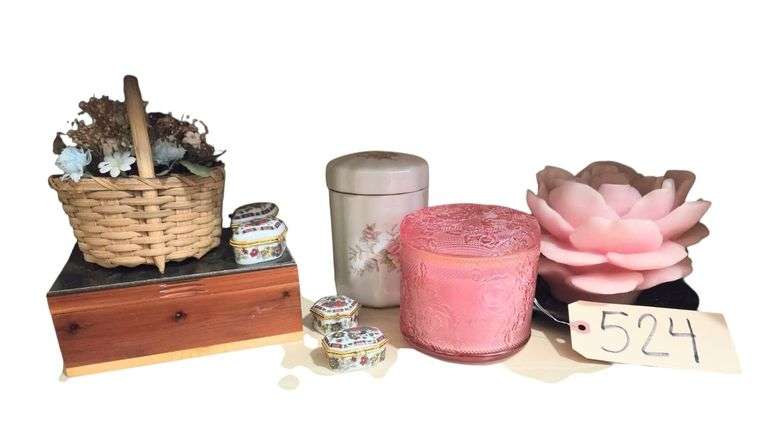 FTDA CERAMIC ROSE CANISTER, BATTERY OPERATED LIGHTED ROSE, 4 SMALL TRINKET BOXES, WOODEN HORSE BOX, WOVEN HANDLED BASKET W/ ARTIFICIAL FLORAL ARRANGEMENT, PINK GLASS CANDLEHOLDER W/ CANDLE image