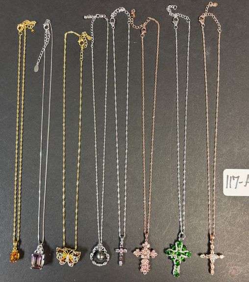 STERLING 925 SILVER LOT, 4 CROSS NECKLACES, 1 PEACH MORGANITE, MADEIRA, BUTTERFLY, PURPLE AMETHYST, AMBER STONE, EMERALD STONE, ETC. - 47.26 GRAMS, 1.51 TROY OZ image