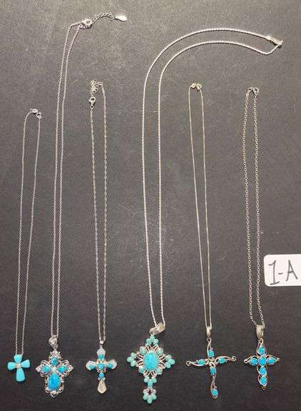 6 STERLING 925 NECKLACES WITH CROSS PENDANTS, JADE TYPE STONES - 63.18 GRAMS OR 2.03 TROY OZ INCLUDING STONES image
