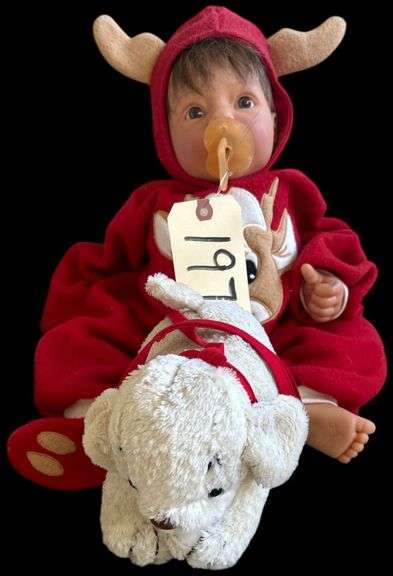 LARGE (20 INCH) VINYL FACE/HANDS/FEET DOLL WITH WEIGHTED BODY - LEE MIDDLETON BY REVA, 1997 - REINDEER OUTFIT, 1 SOCK MISSING, STUFFED DOG INCLUDED image