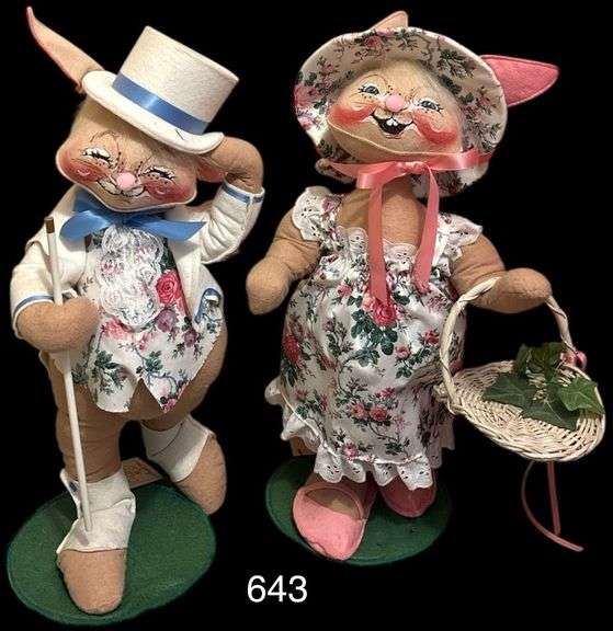 TWO ANNALEE EASTER BUNNY DOLLS ON STANDS - APP. 20 AND 18 INCHES TALL RESPECTIVELY image