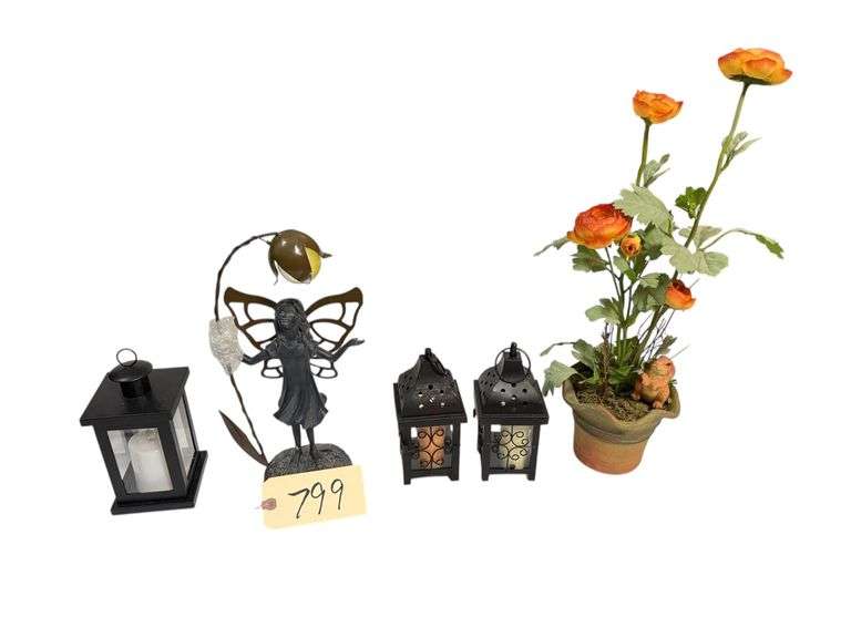 THREE SMALL METAL LANTERNS, SOLAR METAL GIRL GARDEN FIGURE, CLAY POT WITH FLOWERS AND BUNNY image