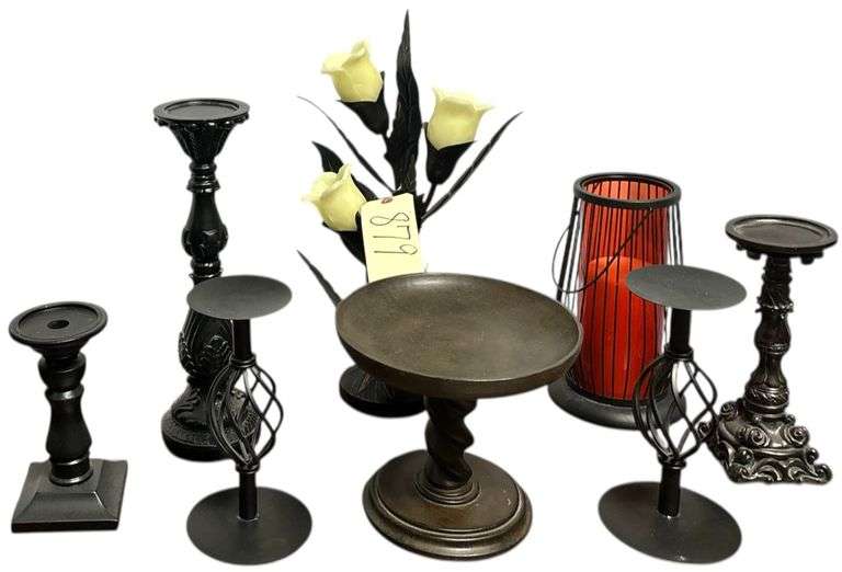 LOT OF METAL DECORATOR ITEMS: PEDESTAL CANDLE STANDS, LANTERN STYLE CANDLE/HOLDER, BATTERY OP FLORAL SCULPTURE, HEAVY METAL PEDESTAL BOWL - 8 PIECES image