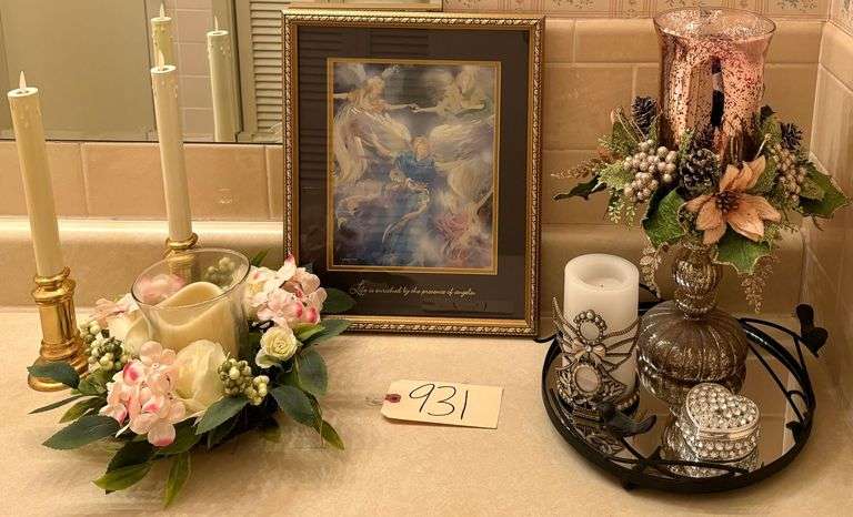 HALL RESTROOM DECOR: MIRRORED TRAY W/ 2 CANDLES IN DECORATIVE HOLDERS, 2 LUMIERE BATTERY-OPERATED CANDLES, ARTIFICIAL FLORAL ARRANGEMENT W/ OTHER CANDLE, FRAMED ANGELIC PRINT image
