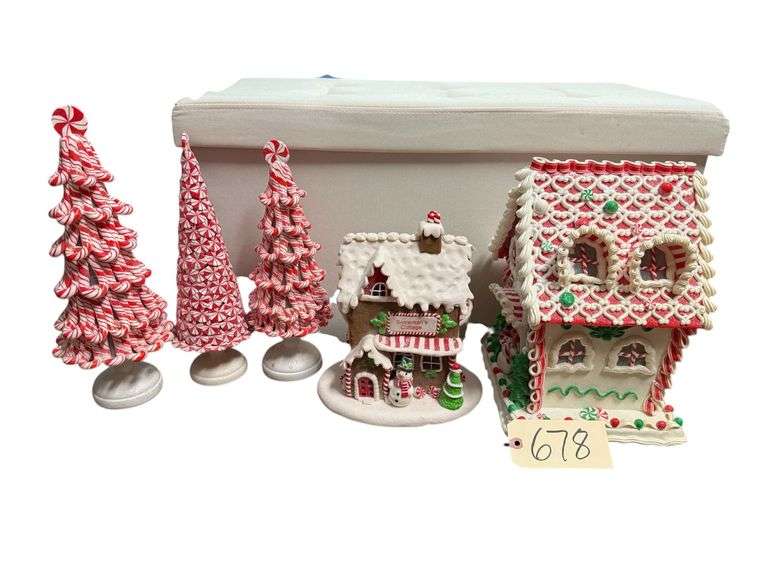 2 GINGERBREAD HOUSES AND 3 CANDY CANE TREES - CHEST IN PICTURE NOT INCLUDED image