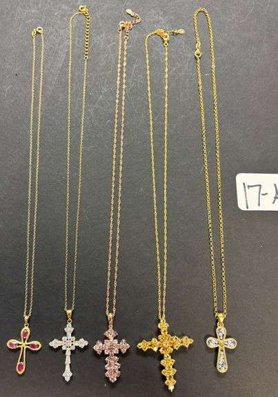 5 GOLD-TONE CROSS NECKLACES & PENDANTS, 1 COPPER TONE, ALL 5 MARKED STERLING 925 SILVER - 33.10 GRAMS, 1.06 TROY OZ WITH STONES image
