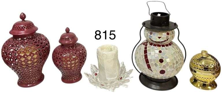 LOT OF 5 DECORATIVE ITEMS: BATTERY OP SNOWMAN LANTERN, TWO LATTICE WORK BATTERY OP CANDLE HOLDERS, ANOTHER BATTERY OP CANDLE IN HOLDER, OTHER DECORATIVE ITEM, APPEARS TO BE INCENSE HOLDER image