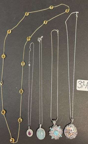 5 STERLING 925 NECKLACES, SQUARE CUSHION CHECKERBOARD CUT BRAZILIAN CITRINE, 18K GOLD OVERLAY SILVER NECKLACE, 2.00CT RUBY W/ .70CT WHITE TOPAZ RHODIUM OVER SILVER PENDANT, BLUE STONE PENDANTS, ETC. - TOTAL WEIGHT INCLUDING STONES 74.96 GRAMS, 2.41 TROY OZ image