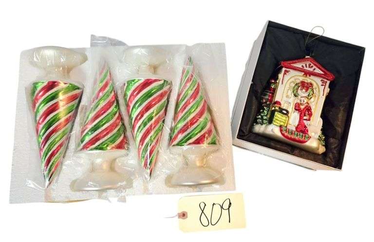 FOUR HOLLOW CHRISTMAS TREES, APPEAR TO BE GLASS, IN PACKAGING PLUS SANTA FIGURE, APPEARS TO BE GLASS, IN PACKAGE image