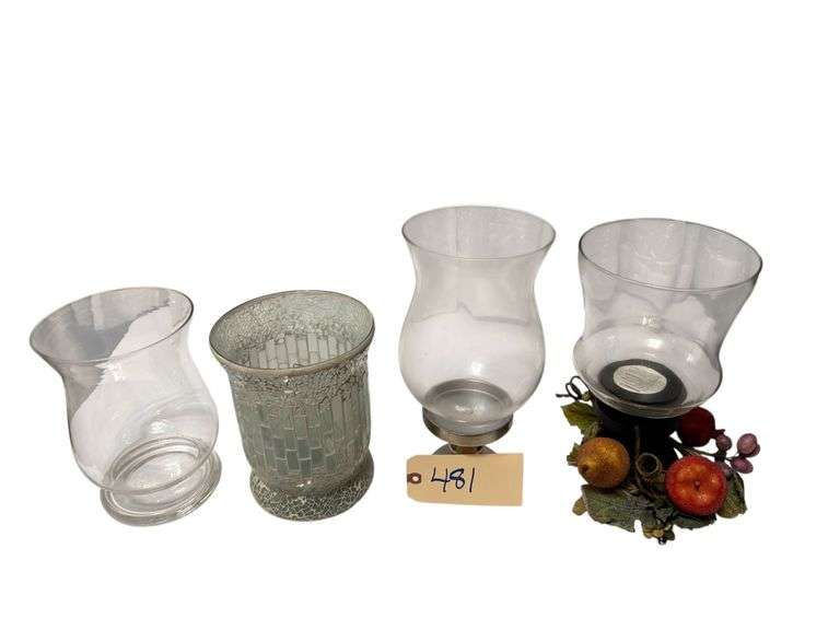 4 HURRICANE CANDLE HOLDERS: 1 BLUE, 1 CLEAR, 1 CLEAR WITH SILVER COLOR STAND, 1 CLEAR WITH BLACK STAND image