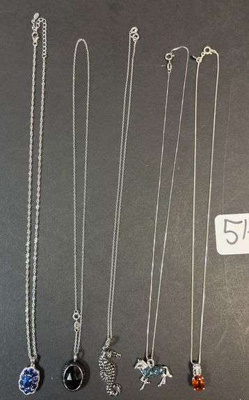 5 STERLING 925 NECKLACES AND PENDANTS, SEAHORSE, HORSE, 3 OTHERS, BLUE SAPPHIRE STYLE, BLACK ONYX, AMBER AND AQUA - .79 TROY OZ, 24.65 GRAMS TOTAL W/ STONES image