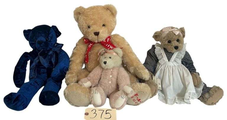 5 STUFFED TEDDY BEARS: 1 FAO SCHWARZ APPROX. 24”, 1 COTTAGE COLLECTIBLES, 1 BOYDS BEAR, 1 DAKIN SPECIAL EDITION, 1 TY image