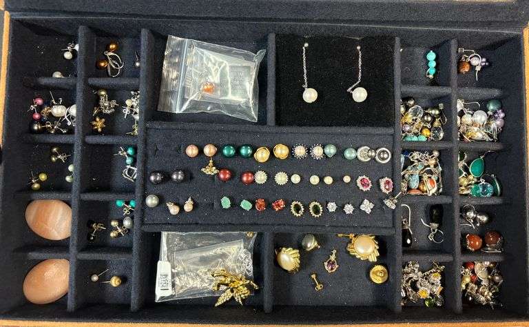 JEWELRY BOX W/ GLASS TOP SUEDE COVERING, LOTS OF EARRINGS AND PENDANTS, 925 STERLING, ETC. image