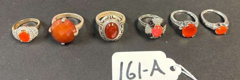 6 STERLING SILVER RINGS W/ RED CARNELIAN STONES - 28.77 GRAMS, .92 TROY OZ - SIZE RANGE 5-8 image
