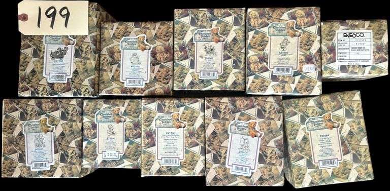 TEN CHERISHED TEDDY FIGURINES IN THEIR ORIGINAL BOXES: DUSTIN & AUSTIN, BRYAN, EMMA, SALLY & SKIP, ETC. - ZOOM IN FOR ADDITIONAL NAMES, NUMBERS AND DETAILS image