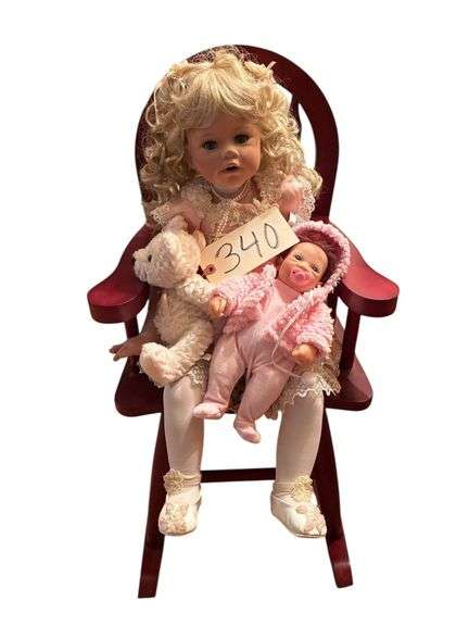 RED WOOD ROCKER HOLDS BEAUTIFUL CURLY HAIR DOLL WITH HER OWN BABY DOLL AND TEDDY - RED ROCKER MEASURES 28" IN BACK X 13" WIDE image