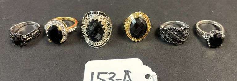 6 STERLING 925 RINGS, BLACK ONYX TYPE STONES - 1.12 TROY OZ, 34.95 GRAMS INCLUDING STONES - SIZES RANGE 5-7 image