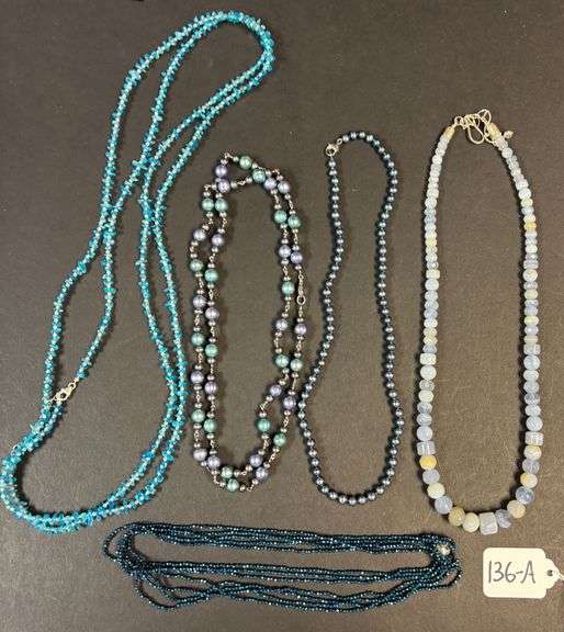 COBALT BLUE NECKLACE OVER 925 STERLING - .79 TROY OZ, 24.57 GRAMS; 4 OTHER CULTURED PEARLS NECKLACES, 925 STERLING CLASPS image