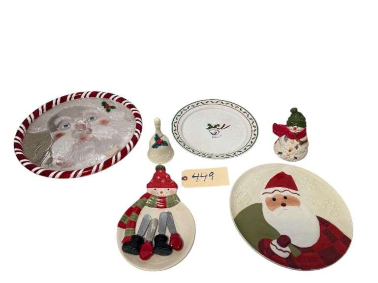 ASSORTED CHRISTMAS PLATTERS: FOOTED PLASTIC SANTA CAKE STAND, CERAMIC SNOWMAN PLATTER WITH 4 SPREADERS, SNOWMAN TEA CANDLE HOLDER, CHRISTMAS BELL, SANTA PLATE, PLATE WITH BELL EMBLEM image