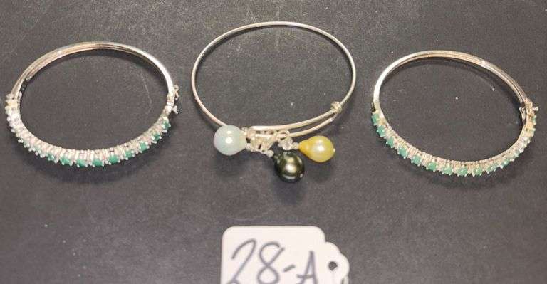 3 STERLING 925 BRACELETS, 2 WITH JADE TYPE STONES, 1 WITH PEARL TYPE STONES - 1.2 TROY OZ, 38.81 GRAMS TOTAL INCLUDING STONES image
