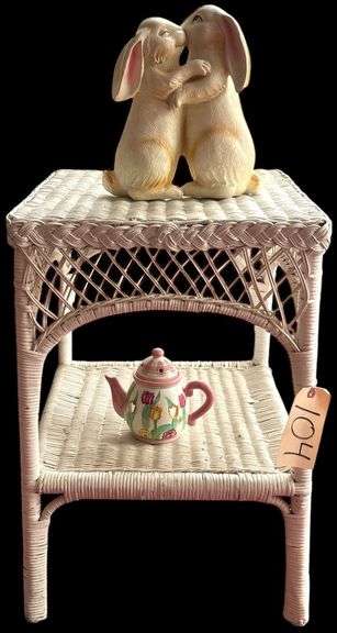WHITE WICKER 2-TIER PLANT STAND WITH LATTICE DETAIL, KISSING RABBITS FIGURINE, CERAMIC TEAPOT image