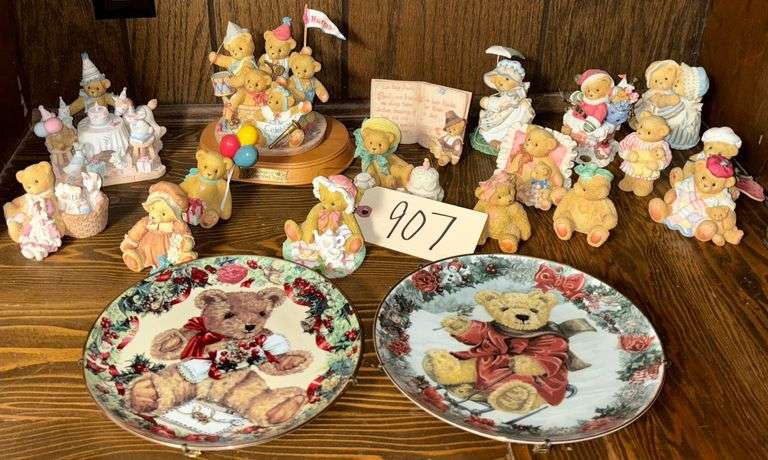 LOT OF APP. 17 CHERISHED TEDDY FIGURES PLUS TWO COLLECTOR PLATES: 'HUGS AND KISSES', 'BEST BUDDY', 'CAN'T BEAR TO SEE YOU UNDER THE WEATHER', 'A FRIEND TO BE THANKFUL FOR', LARGER 'STRIKE UP THE BAND AND GIVE FIVE CHERISHED YEARS OF HAND', 'NO CELEBRATION IS COMPLETE WITHOUT YOUR CLOSEST FRIENDS', ETC. image