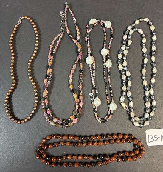 5 FRESHWATER PEARL AND STONE NECKLACES, SOME W/ STERLING 925 CLASPS image