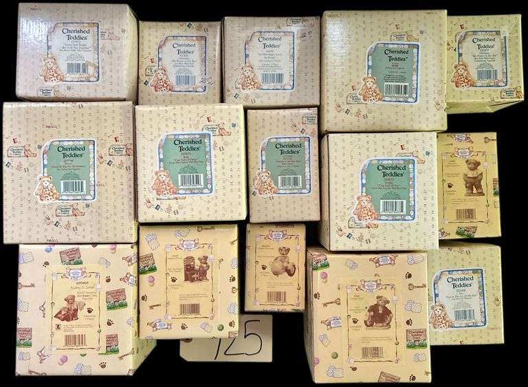 APPROX. 15 ENESCO CHERISHED TEDDIES FIGURINES TO INCLUDE JORDAN "CUP FULL OF JOY", DEENA WILDE 2001 MEMBEARS' ONLY, MARY "PULLING SLED FIGURINE", JAMES "GOING MY WAY FOR THE HOLIDAY" PULLING SLED, AND OTHERS image