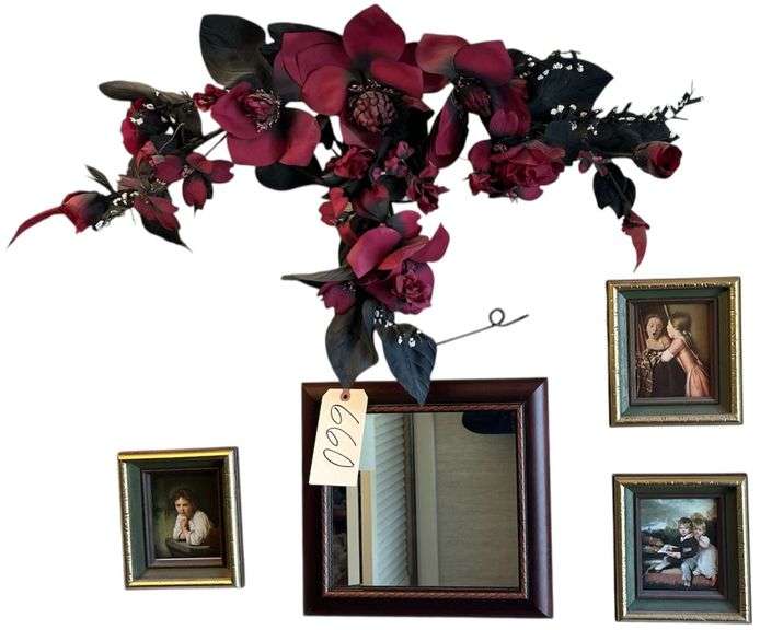 WALL DECOR LOT: 3 SMALL FRAMED PRINTS, SQUARE MIRROR, FLORAL SWAG image