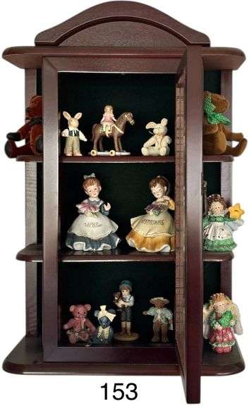 SMALL HANGING CURIO CABINET PLUS CONTENTS TO INCLUDE FEBRUARY AND APRIL LEFTON BIRTHDAY GIRLS, OTHER FIGURINES, SMALL BEAR, ETC. image