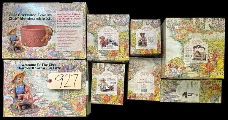8 ENESCO CHERISHED TEDDIES FIGURINES TO INCLUDE 2 TRISTAN 2002 MEMBERSHIP KITS, ELOISE AND HER GARDEN GATE, SAVANNAH, POT HUGGERS, GENEVIEVE, WIND CHIMES, AND 2 OTHERS image