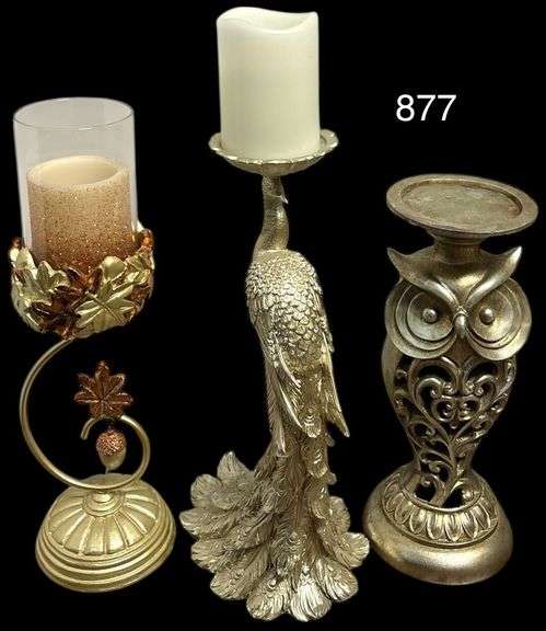 THREE PEDESTAL STYLE CANDLEHOLDERS/CANDLES - OWL, PEACOCK, LEAVES - APP. 14-16 INCHES TALL image