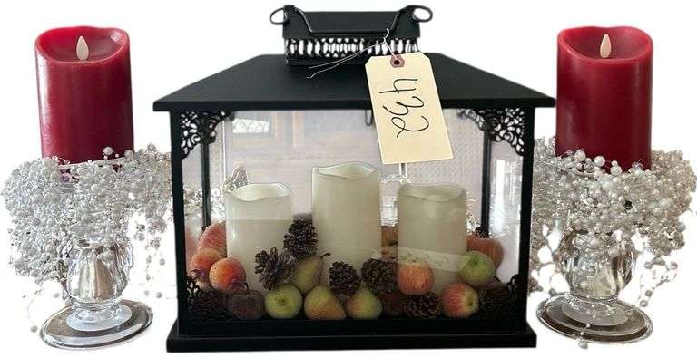 LARGE CENTERPIECE WITH 2 DECORATIVE CANDLE HOLDERS - METAL CENTERPIECE HAS GLASS PANELS, MEASURES APPROXIMATELY 14" TALL, 14" LONG X 7" DEEP - PAIR OF MATCHING GLASS CANDLEHOLDERS HOLD BATTERY OPERATED FLICKER PILLAR CANDLES - FAUX BEAD ACCENTS image