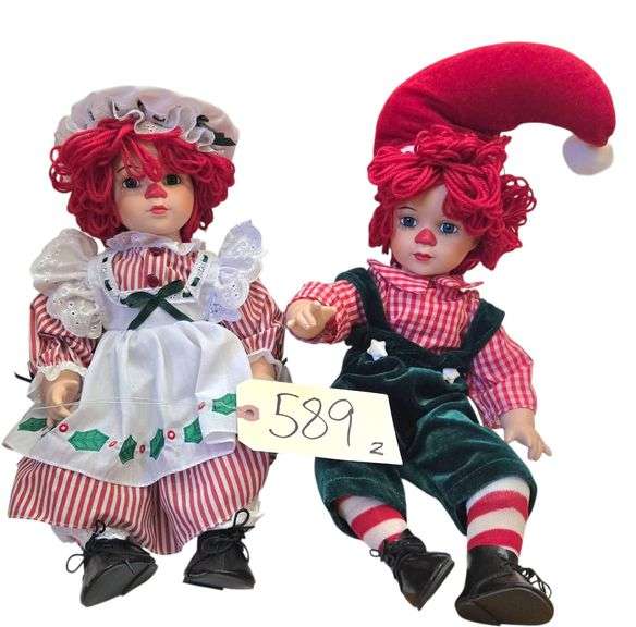 2 PORCELAIN CHRISTMAS THEME RAGGEDY ANNE & ANDY DOLLS APPROX. 13” image