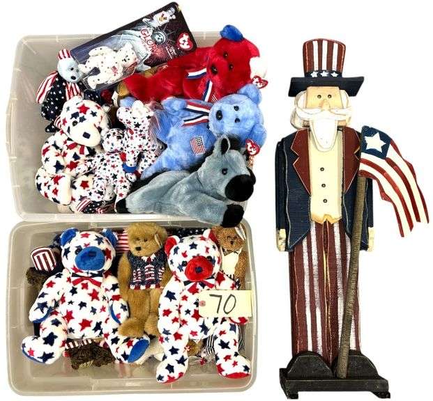 TWO LIDDED TOTES (INCLUDED) FULL OF PATRIOTIC TY BEANIES AND LARGER TY STUFFED FIGURES, LARGE WOODEN UNCLE SAM FIGURE image