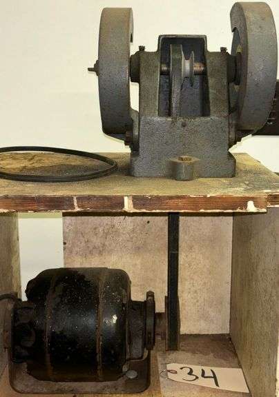 VINTAGE BELT DRIVEN BENCH GRINDER (BUYER RESPONSIBLE FOR REMOVAL) image