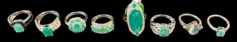 8 STERLING RINGS W/ EMERALD TYPE STONES - 32.18 GRAMS, 1.03 TROY OZ - SIZES RANGE 6-8 image