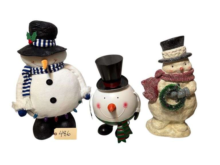3 SNOWMEN: 1 METAL, 1 COMPOSITE, 1 FABRIC THAT RAISES ON LONG LEGS image