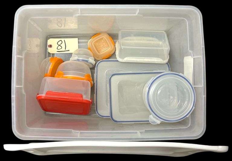 ASSORTMENT OF SMALL PLASTIC CONTAINERS IN 58QT. STERILITE STORAGE TOTE W/ LID image