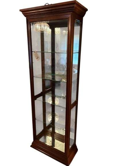 MIRRORED SHOWCASE/DISPLAY CABINET, LIGHTED - WITH 5 GLASS SHELVES - 76" TALL, 28" WIDE - CHERRY FINISH image