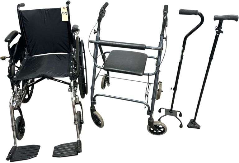 INVACARE WHEELCHAIR, GEMCARE ROLLATOR, MEDLINE WALKING CANE, HURRYCARE WALKING CANE image