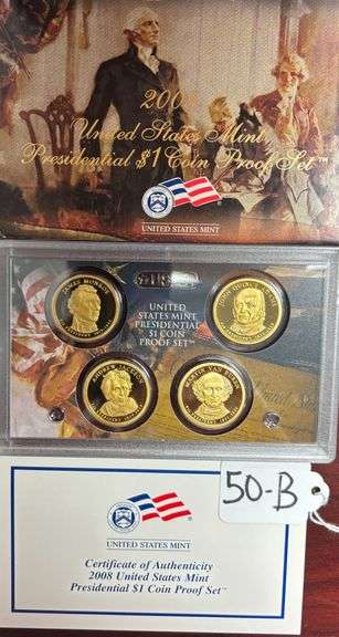 2008 UNITED STATES MINT PRESIDENTIAL $1 COIN PROOF SET IN BOX WITH COA - MONROE, ADAMS, JACKSON, VAN BUREN image