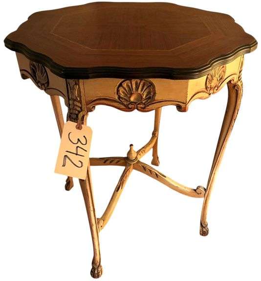 CARVED TABLE WITH INLAID WALNUT FINE DETAILS - MEASURES 24" IN DIAMETER X 29" TALL image