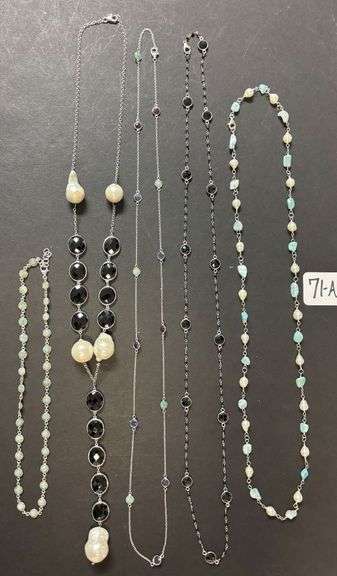 5 STERLING 925 NECKLACES, LARGE FRESHWATER PEARLS, BLACK ONYX, JADE AND OTHER STONES - 132 GRAMS, 4.2 TROY OZ TOTAL INCLUDING LARGE STONES image