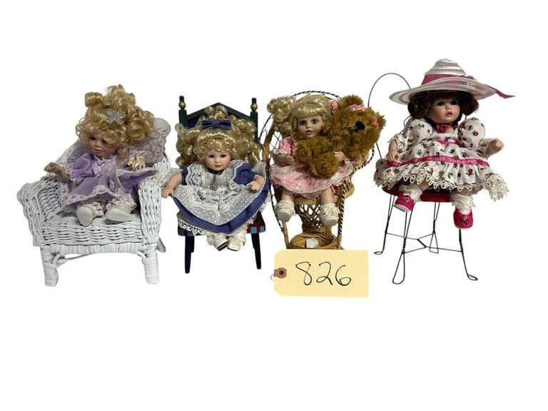 4 MARIE OSMOND DOLLS ALL SEATED IN CHAIRS: TRANQUILITY, TINY TOT IN PURPLE DRESS, TINY TOT PEEKABOO, AMAY SPRINGTIME PORCELAIN image