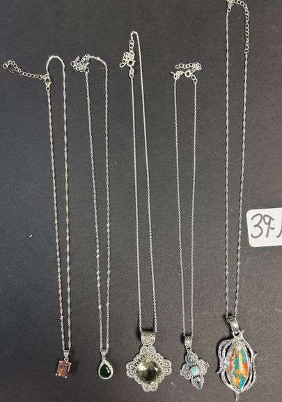 5 STERLING 925 NECKLACES W/ PENDANTS, NICE STONES FROM DARK EMERALD TO PALE GREEN, MULTICOLOR STONES - 44.90 GRAMS, 1.44 TROY OZ TOTAL W/ STONES image