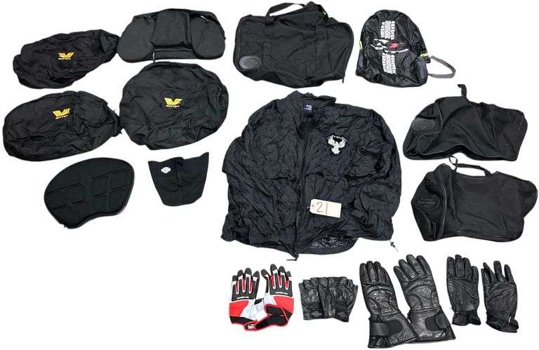 PORT AUTHORITY 4XL HARLEY-DAVIDSON RAIN JACKET, PAIR OF HARLEY-DAVIDSON SADDLEBAG LINERS, HARLEY-DAVIDSON DUFFEL BAG, BESTEM DUFFEL BAG AND SADDLEBAG LINER SET, HARLEY-DAVIDSON FACE MASK, SADDLEMEN SEAT CUSHION, NITRO BACKPACK W/ REFLECTORS, 4 PAIRS OF GLOVES: 1 PAIR INSULATED, 1 PAIR FINGERLESS, ETC. image